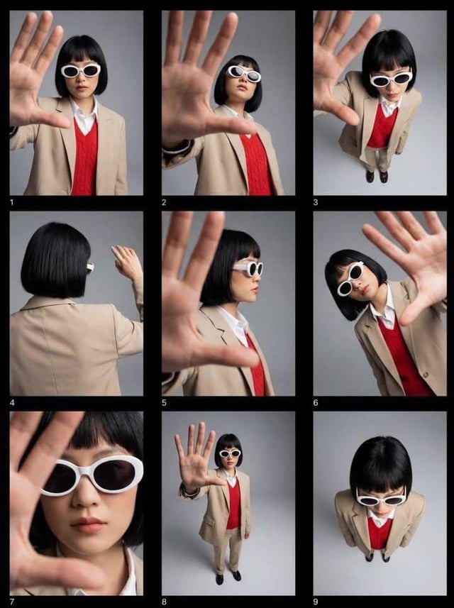Editorial fashion contact sheet of a modern woman with a sharp black bob haircut wearing white oval 