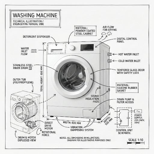 Create an infographic image of [washing machine], combining a realistic photograph or photoreal rend