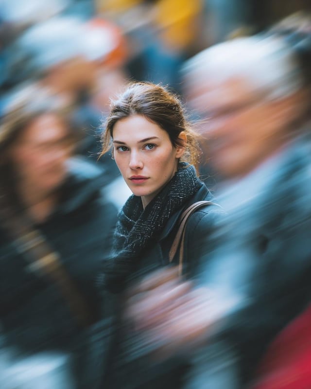 Ultra-realistic cinematic street portrait of a young woman standing still in a crowded city street, 