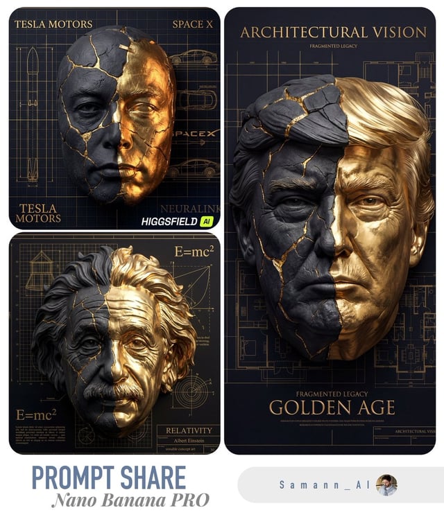 A high-detail artistic 3D portrait of the person in the photo, reimagined as a fragmented sculptural