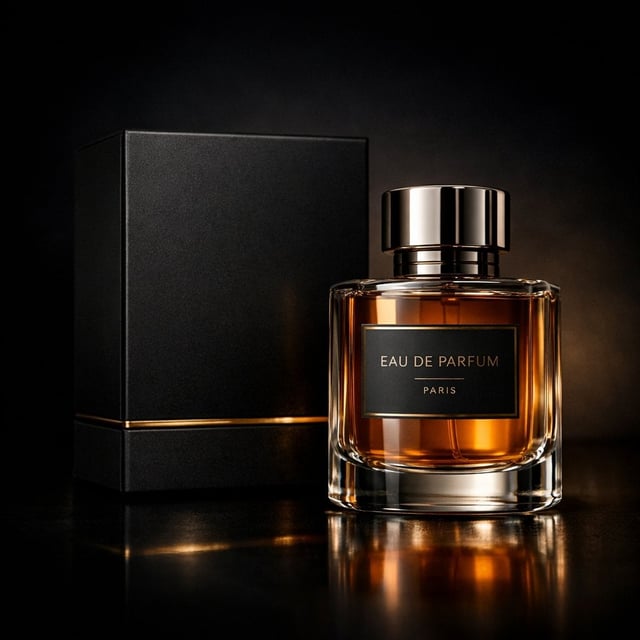 Luxury perfume product photography in a dark cinematic studio. A premium black matte perfume box wit