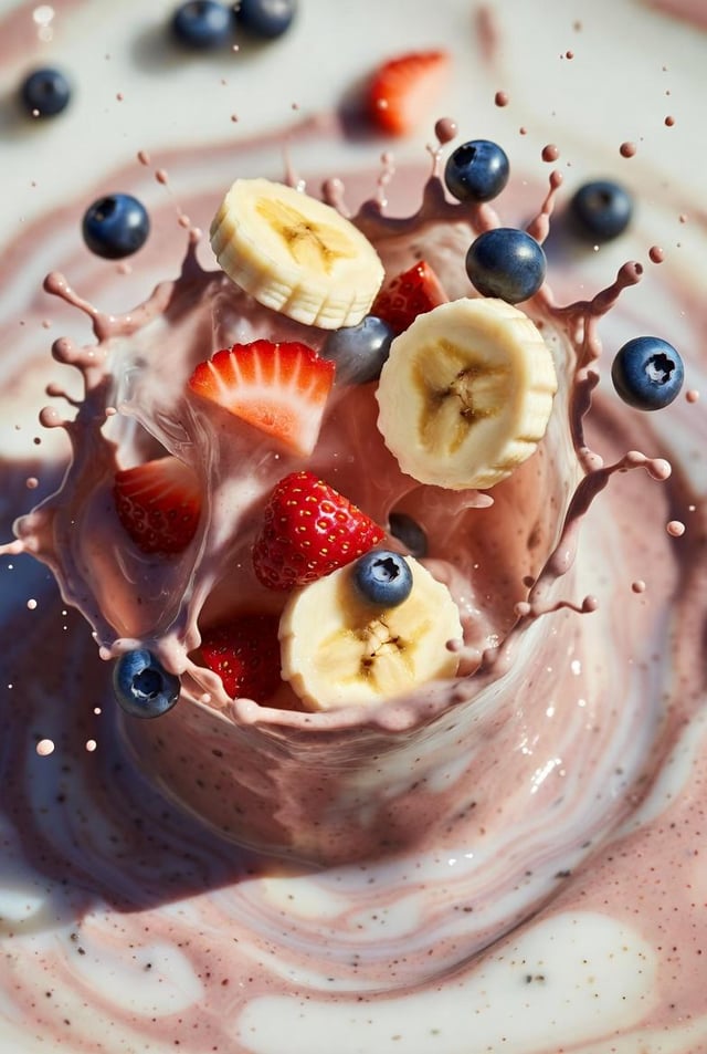 Ultra-realistic smoothie explosion, banana slices, strawberry pieces, blueberry splash, chia seeds, 