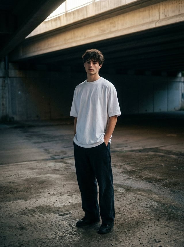 A moody, urban portrait of me standing under a desolate concrete overpass, the harsh architectural l
