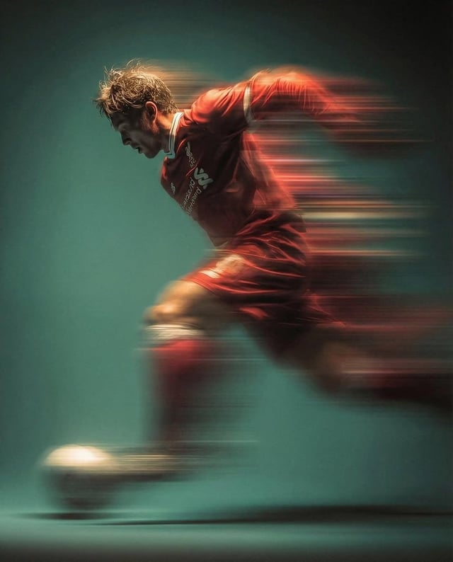 Panning shot of a mysterious soccer player in red proffesional soccer jearsy mid air kicking a ball,