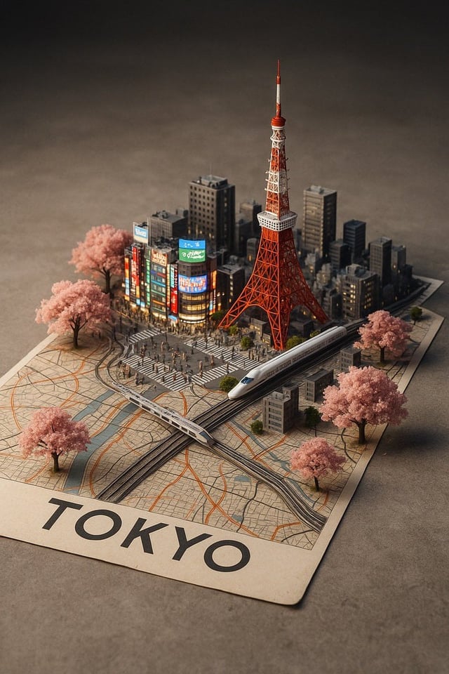 A street-style map of [CITY_NAME] placed on a {MAP_SURFACE}, with a photorealistic miniature version