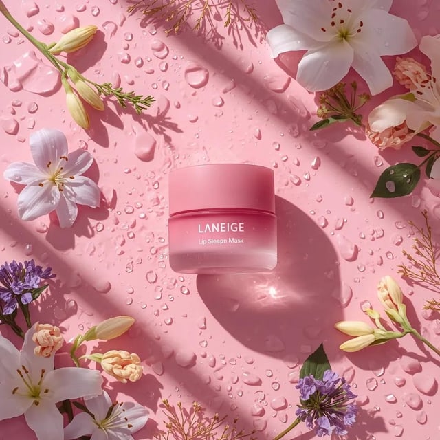 A hyper-realistic beauty product photograph of a pink [LANEIGE Lip Sleeping Mask] jar placed at the 
