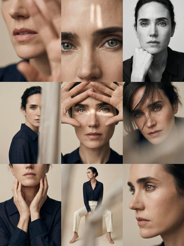 Editorial 3x3 photo grid in a clean soft beige studio. Character (matches reference 100%) wearing li