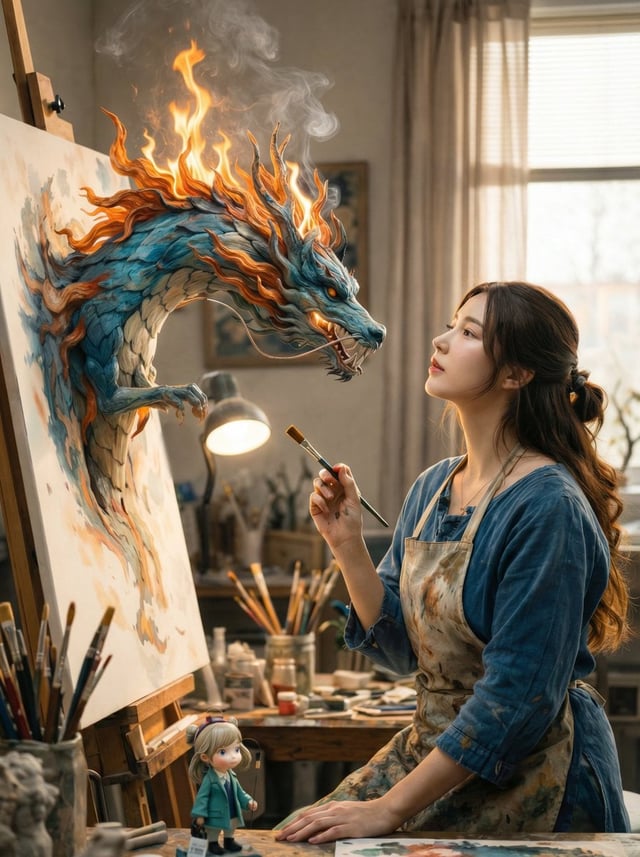 A cinematic fantasy scene inside a cozy artist’s studio. A young female painter wearing a paint-stai