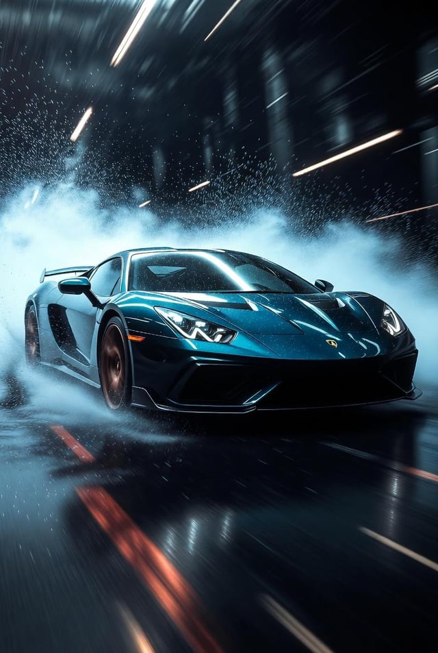 Hyper-realistic cinematic product photograph of a luxury sports car front three-quarter view, glossy
