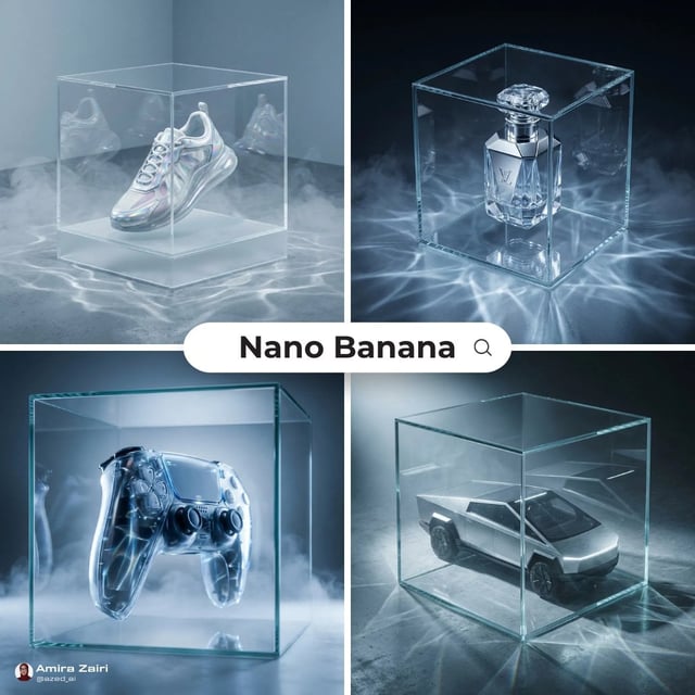 [product], futuristic high-end ad, transparent glass cube enclosure, caustic light patterns on surfa