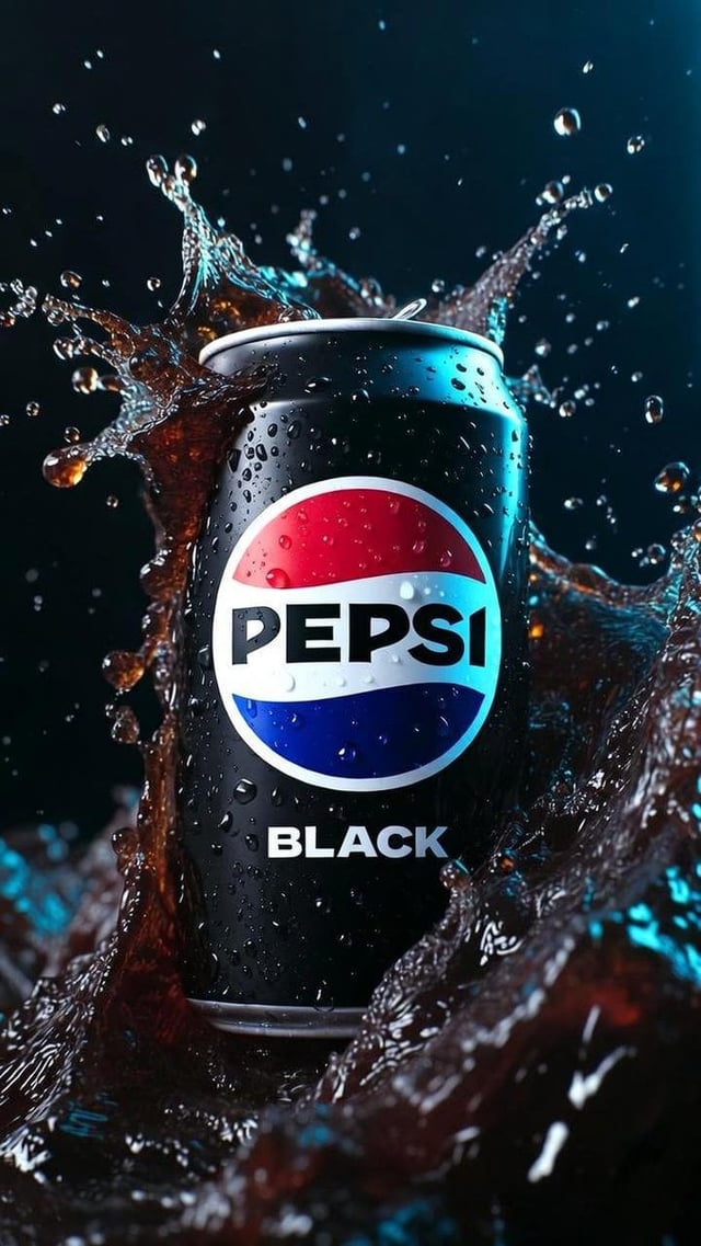 Hyper-realistic cinematic product photograph of a Pepsi Black can, front-facing and perfectly legibl