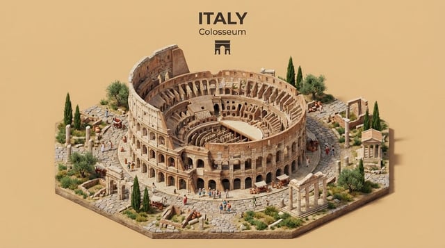 Create an isometric miniature 3D diorama representing the iconic architecture of [COUNTRY NAME] thro
