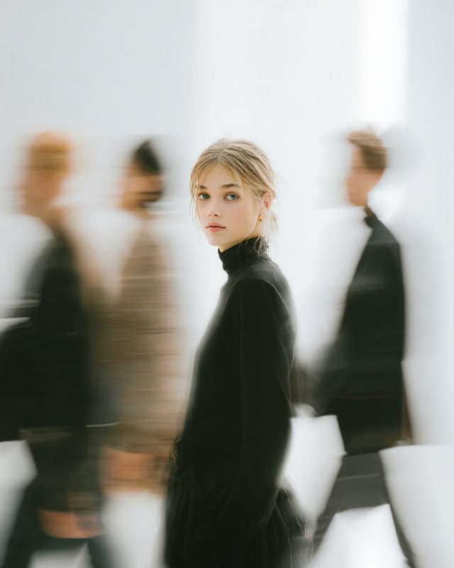 A high fashion magazine pictorial of an Alpine-looking woman in her early 20s who stands still, look