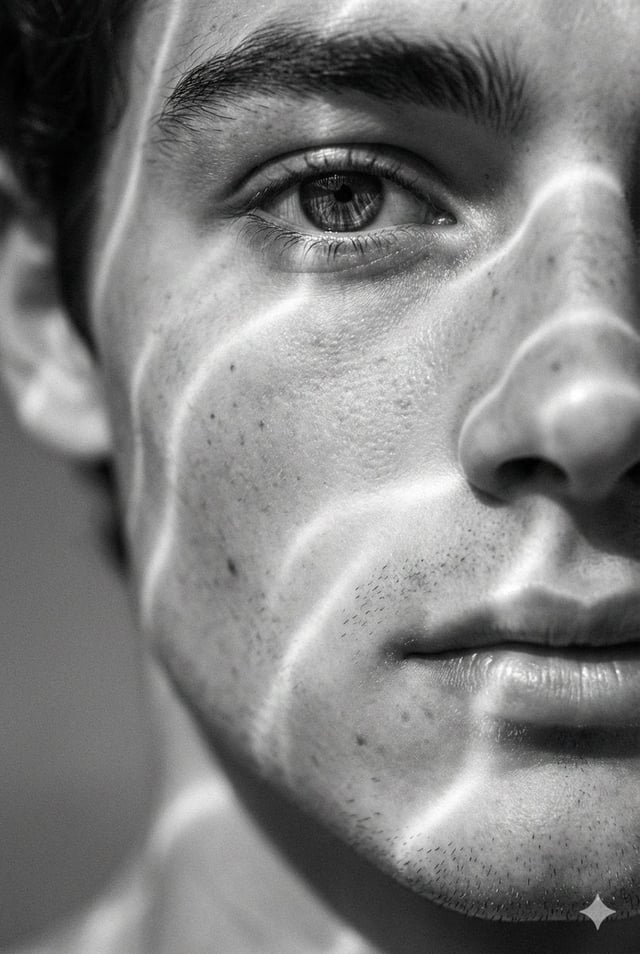 A hyperrealistic 8K black and white extreme close-up portrait of a young man's face, focusing tightl