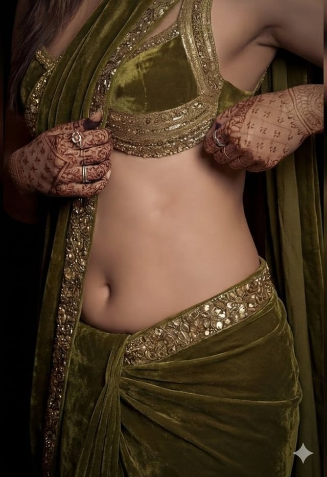 A detailed, high-fashion studio photograph of a woman posing gracefully, wearing a luxurious olive g