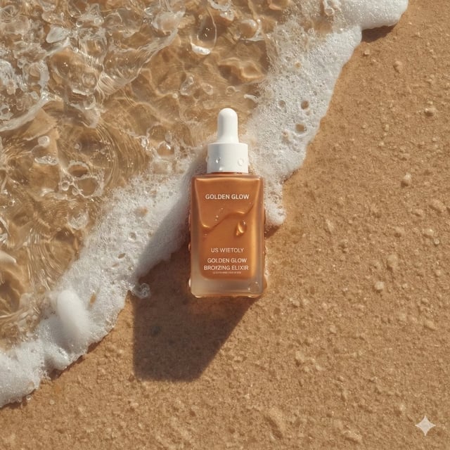 Ultra-realistic summer skincare product photography of a bronzing drop bottle named "Golden Glow - B