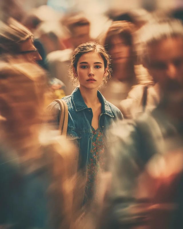 Cinematic portrait of a young person standing still in the middle of a busy crowd, sharp focus on th