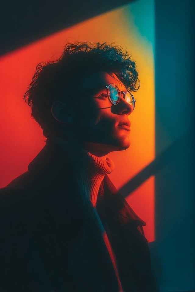 Cinematic portrait of a stylish young person wearing round glasses, standing beside a wall illuminat