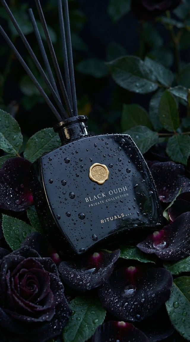 Ultra-realistic luxury product photography of a black glass reed diffuser bottle labeled “BLACK OUDH