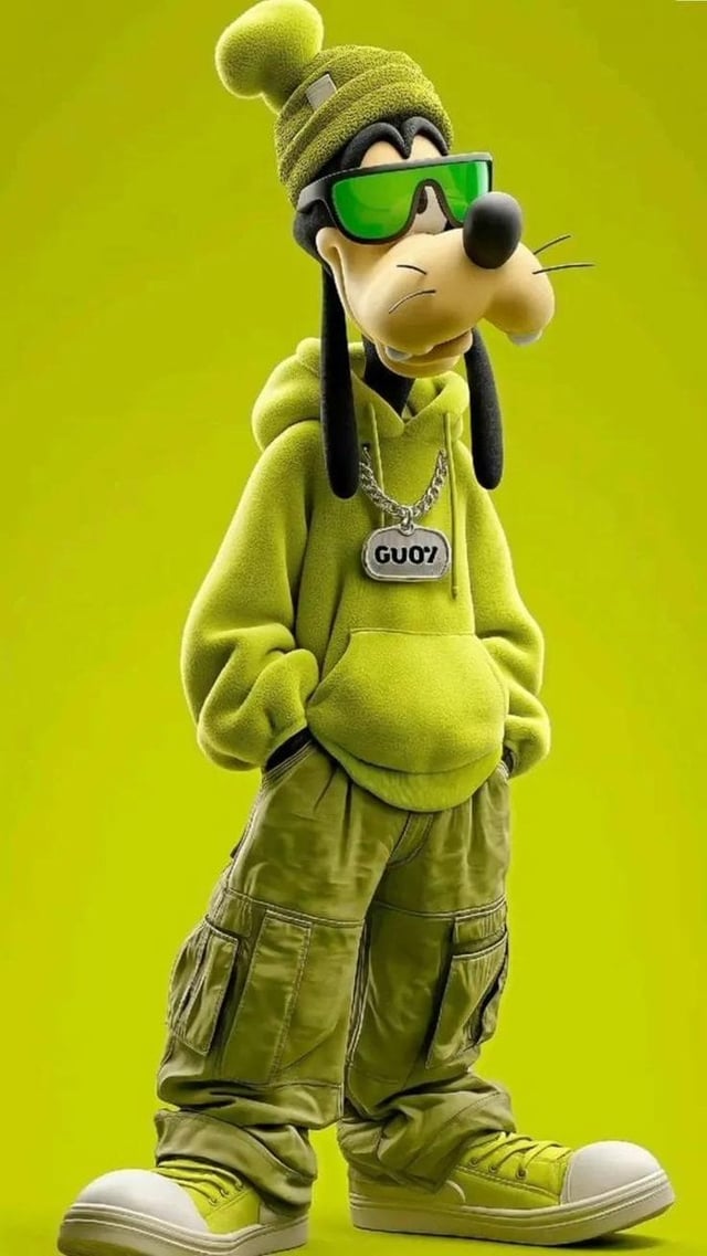 Full-body 3D stylized anthropomorphic cartoon dog character wearing modern streetwear, oversized neo