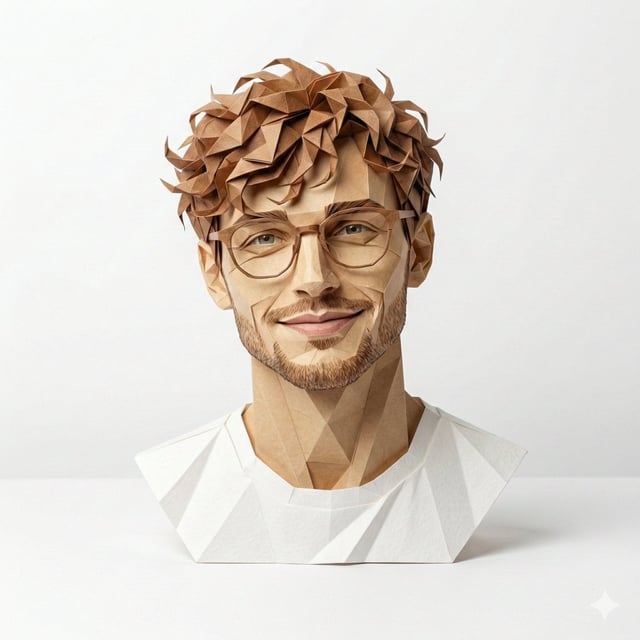 A hyper-detailed, origami-style version of a person, folded from high-quality paper with crisp, clea