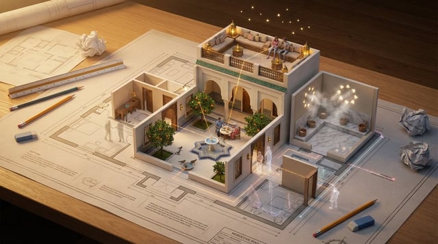 An architectural floor plan of {BUILDING_TYPE} spread across a drafting table, with the spaces risin