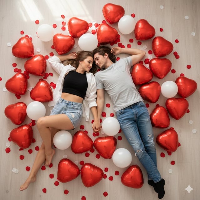 A hyper-realistic 8k high-angle overhead shot, captured with a wide-angle lens, presents a romantic 