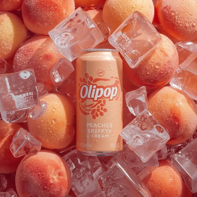 Ultra-realistic commercial product photography of a pastel peach-colored soda can labeled “OLIPOP – 