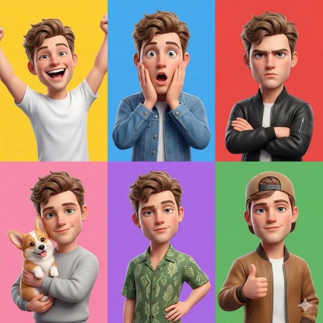 A 3D Pixar-style animated young male character showcased in a 6-panel grid layout, each panel featur