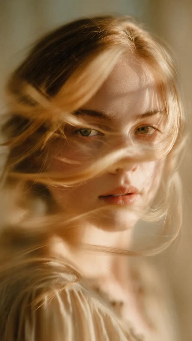 A soft-focus, cinematic portrait of a young woman with delicate facial features and light golden hai