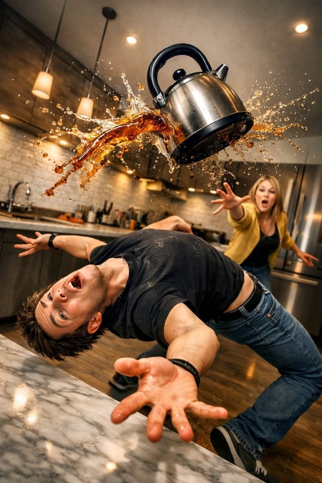 Surreal comedic scene inside a modern kitchen: a young man bends backward in an extreme dodge pose, 
