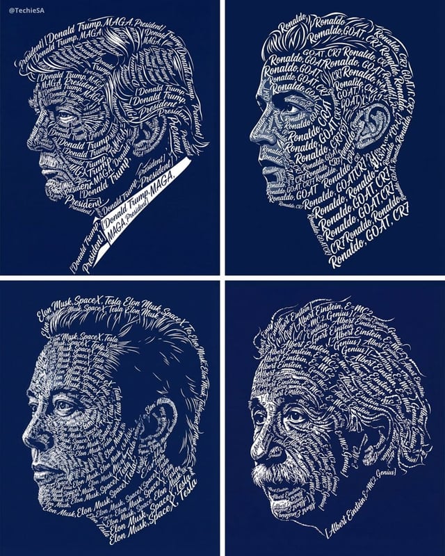 Create a typographic art portrait using the uploaded photo of a person as reference. Display a left-