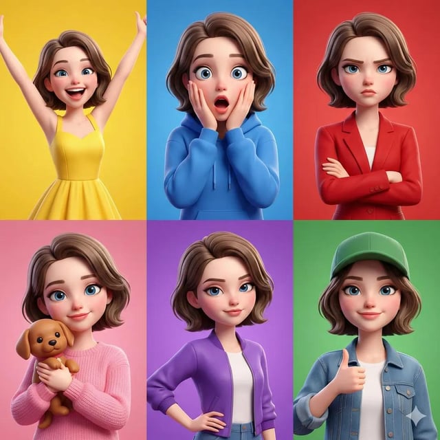 3D Pixar-style animated girl shown in a 6-panel grid, same character with short brown hair and big b
