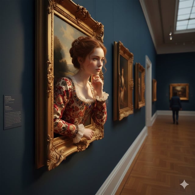 A surreal, ultra-realistic scene of a young woman emerging from an ornate golden picture frame mount