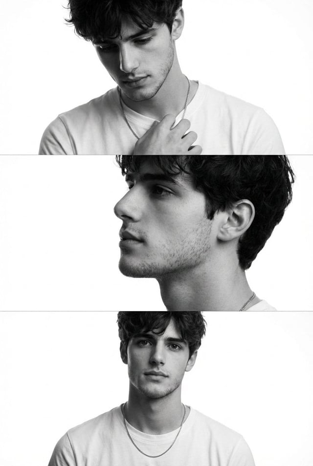 Preserve the face, proportions, and external features of the model as in the reference. A minimalist