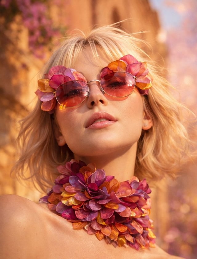 Low-angle close-up portrait of a platinum blonde woman wearing oversized sculptural sunglasses craft