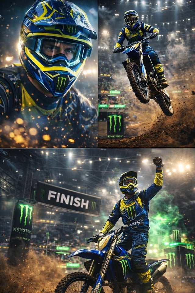 Ultra-dynamic motocross racing scene featuring a professional dirt bike rider performing extreme stu