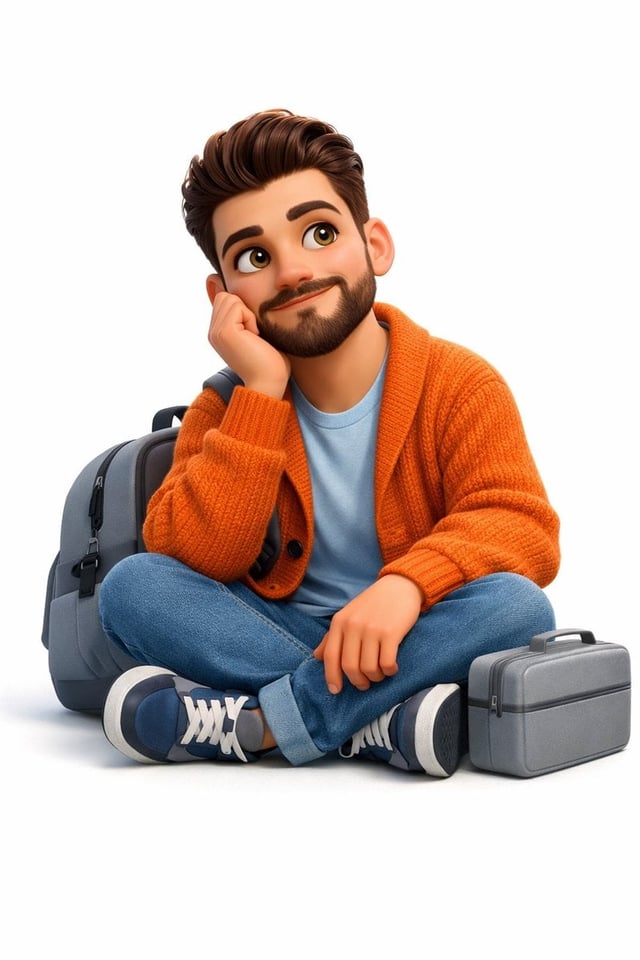 create a A 3D, Pixar-style animated young man sits cross-legged on a pure white, isolated background