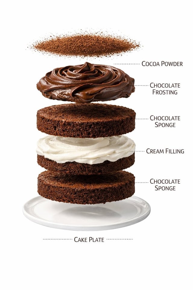 Ultra-realistic premium food photography of a layered chocolate cake on a white plate, centered comp