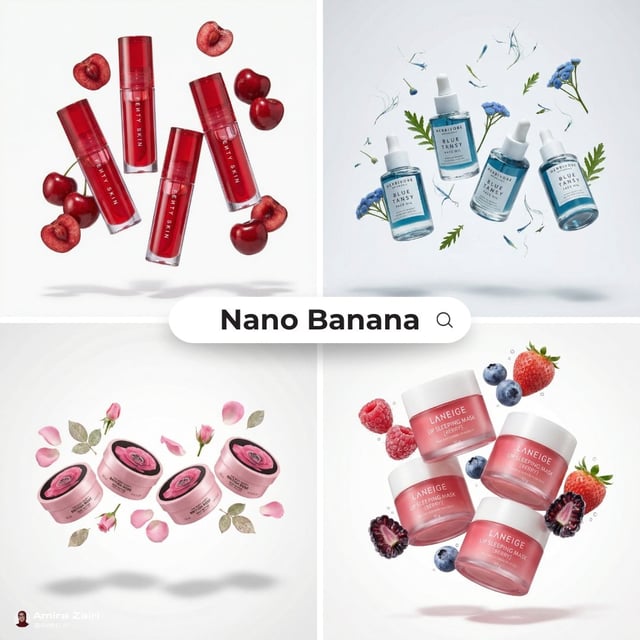 [product], 3–4 identical units of the product floating in mid-air, surrounded by fresh [fruit/vegeta