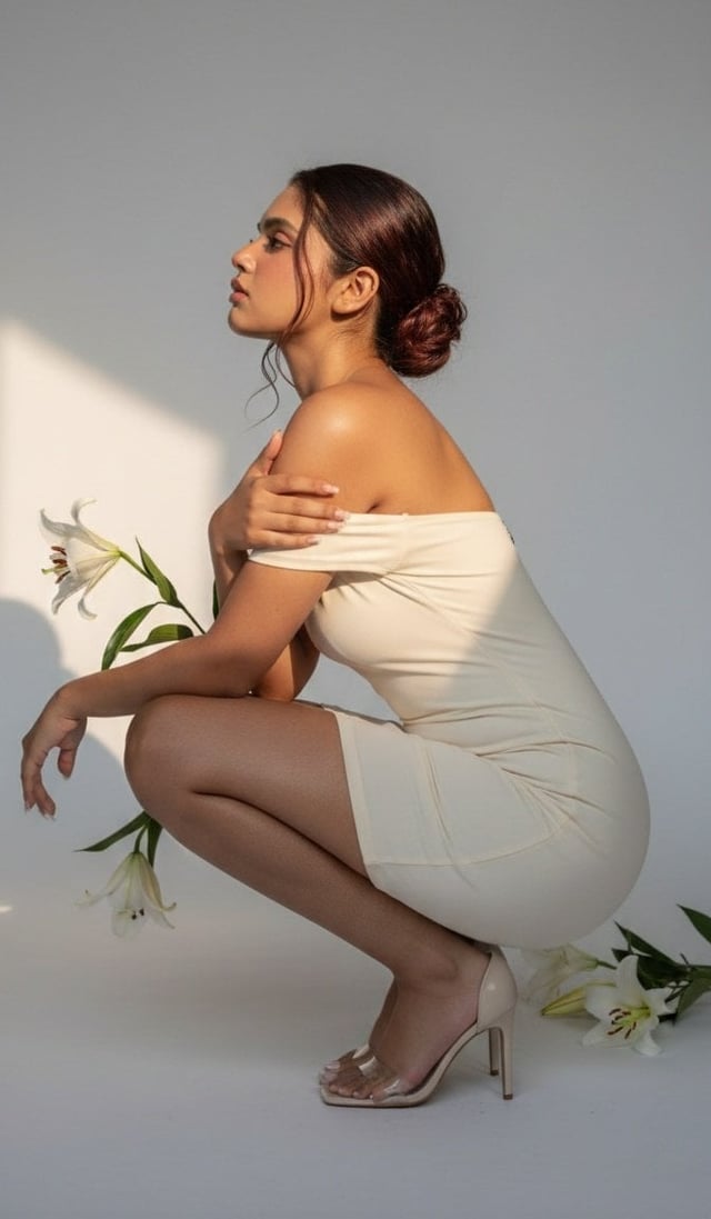 Role: high-end fashion editorial photographer shooting a luxury minimalist studio campaign, ultra-re