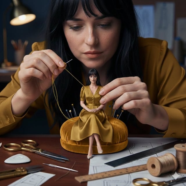 A cinematic fashion studio scene of a woman hand-sewing a miniature dress worn by a tiny version of 