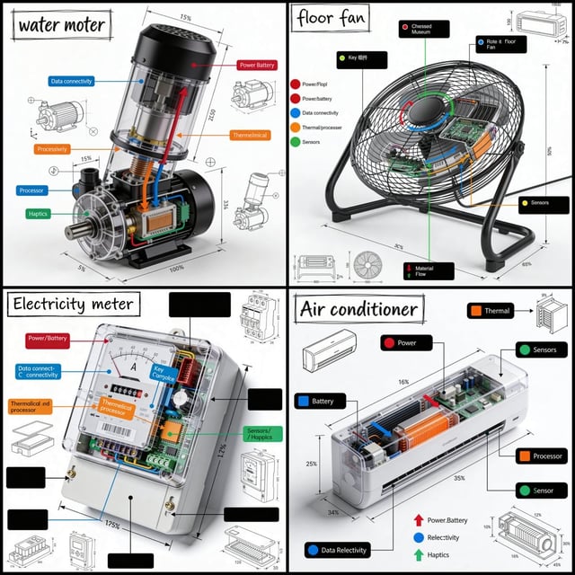 Create a technical infographic of [OBJECT] with a 45-degree isometric 3D perspective showing the dev