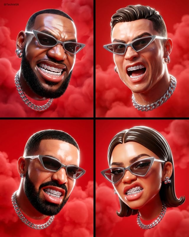 A hyper-stylized, dynamic 3D head portrait floats against a vivid red background with soft volumetri