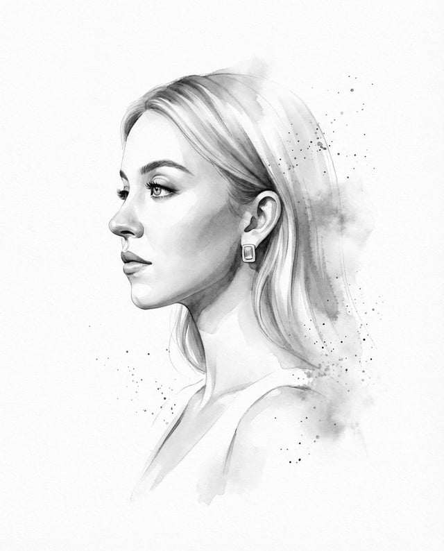 Transform the input photo into a refined monochromatic ink portrait on a pure white background. Clea
