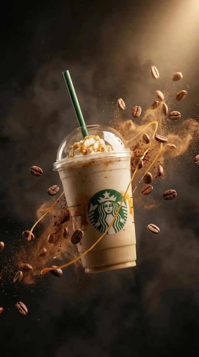 Ultra-realistic commercial product photography of a caramel frappuccino in a clear plastic cup with 