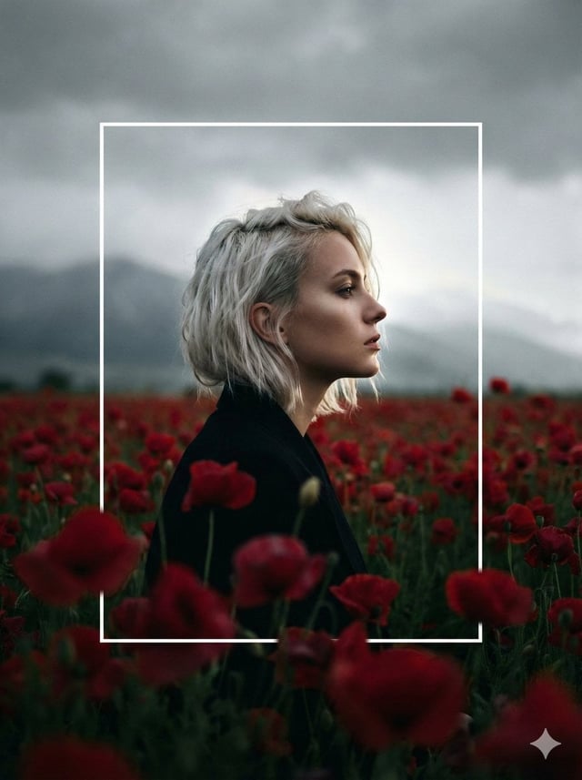 A cinematic, high-contrast profile portrait of a woman with short, platinum-blonde hair, standing in