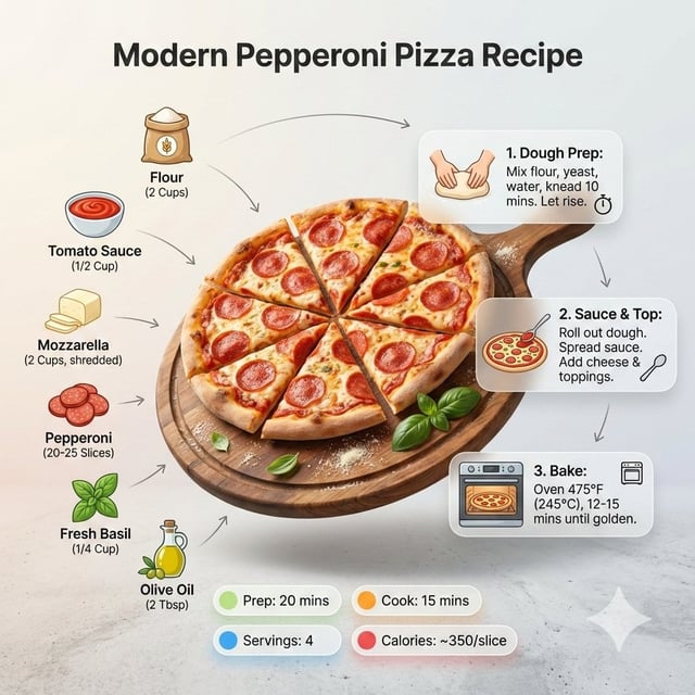 Ultra-clean modern recipe infographic. Showcase Pizza  in a visually appealing finished form—sliced,