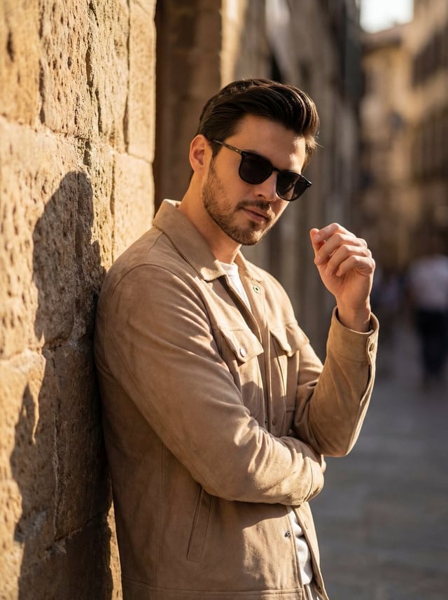 A cinematic golden hour portrait of a stylish man leaning against a textured stone wall, wearing dar