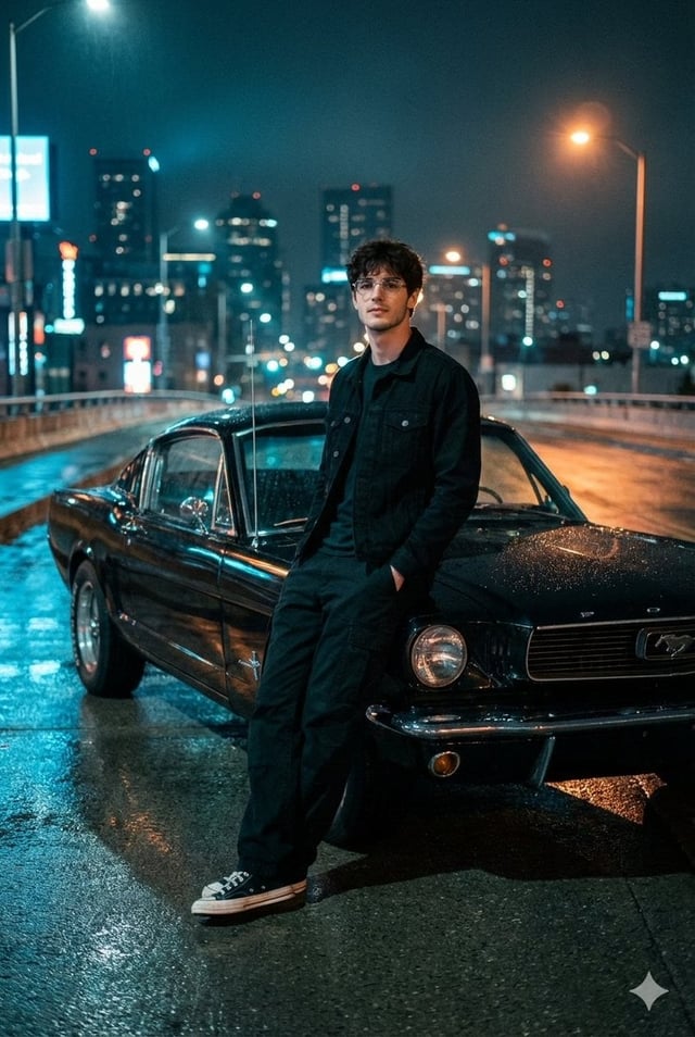 A Cinematic Night Photo On A Dimly Lit Urban Overpass With A View Of The City Skyline. In The Foregr